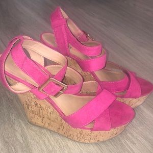 💕PINK Cork Wedge Sandals